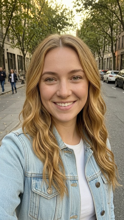 Original selfie of a woman in a denim jacket