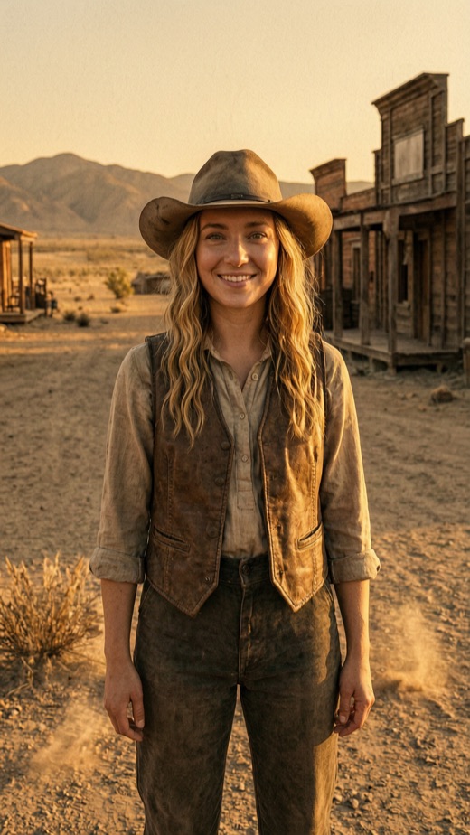 The same woman in a Wild West town