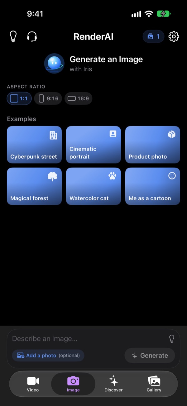 Image tab with example prompts
