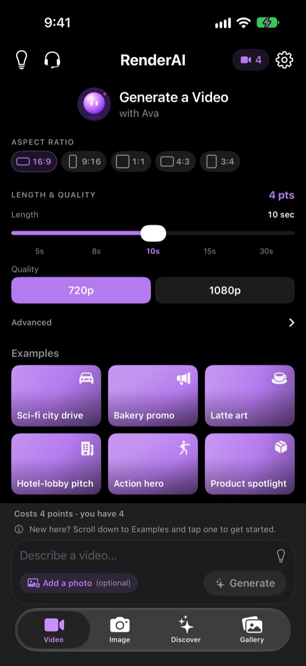 Video tab with aspect ratio, length slider and 720p or 1080p quality